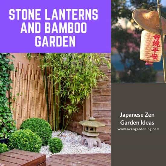 Stone lanterns and bamboo in a Japanese garden 